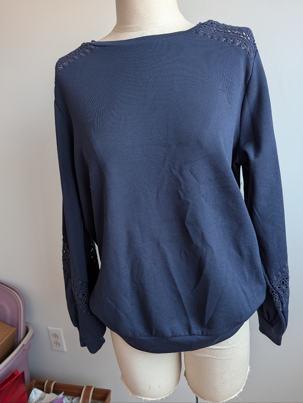 Navy Blue Crochet-Trim Pullover Sweater